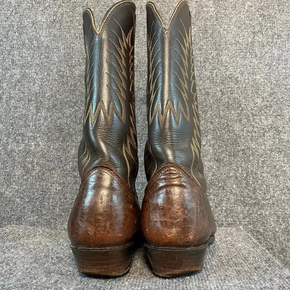 Vintage Nocona 2 Tone Brown Leather Western Cowboy Boots Mens 12.5 Stitching USA